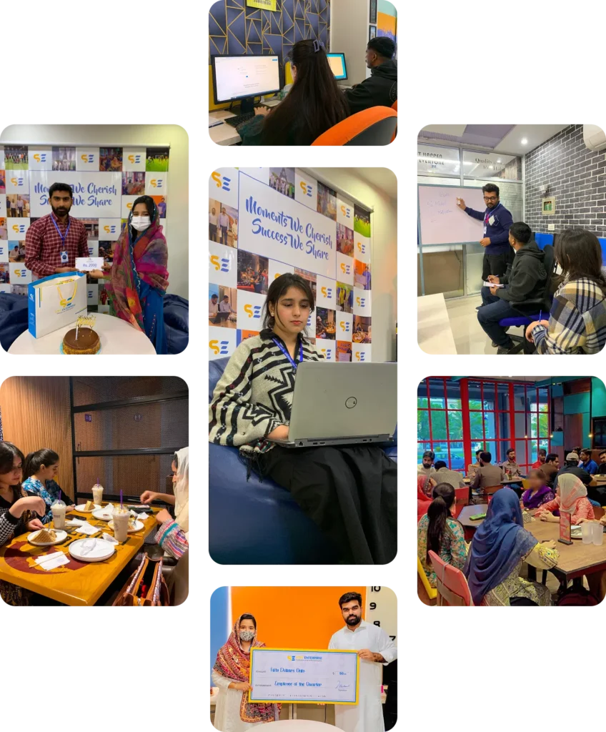 Various moments captured at Soft Enterprise, including team celebrations, office activities, and learning sessions.