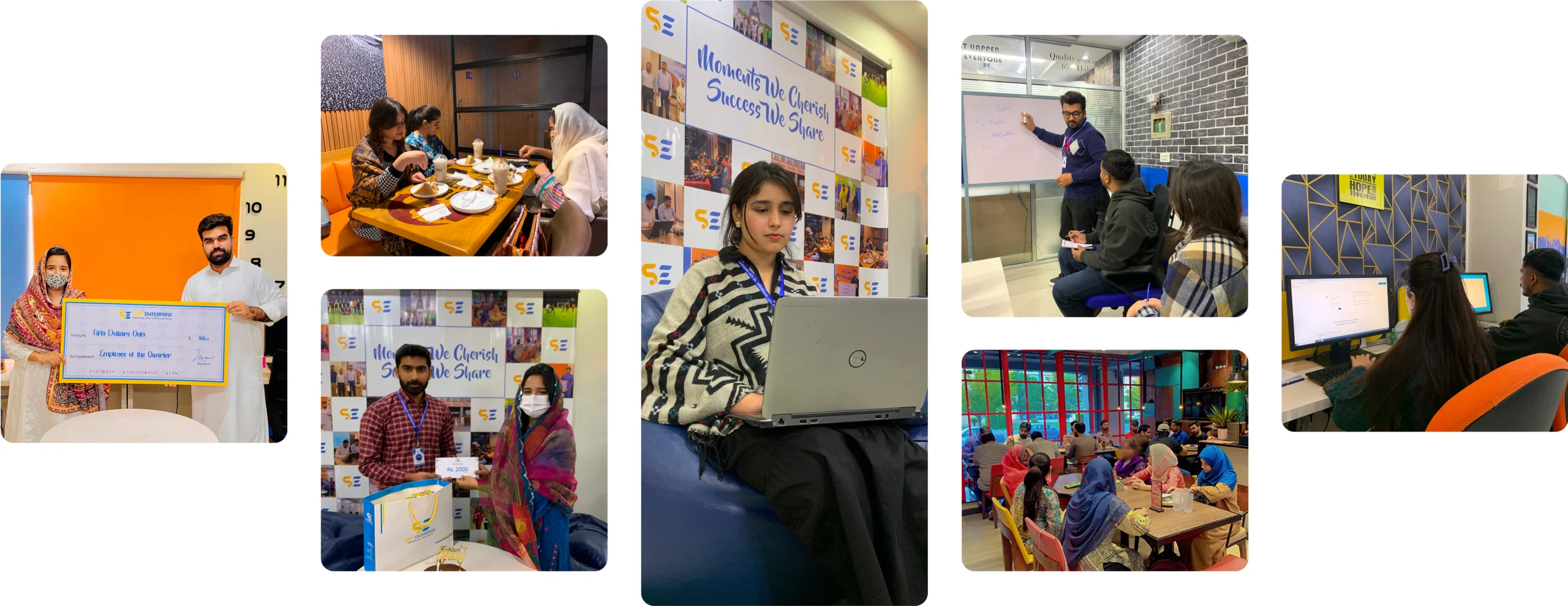 Various moments captured at Soft Enterprise, including team celebrations, office activities, and learning sessions.