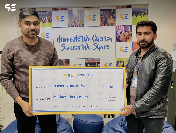 Soft Enterprise honoring Umar Haseeb on his first work anniversary for consistent performance, commitment, and professional excellence.