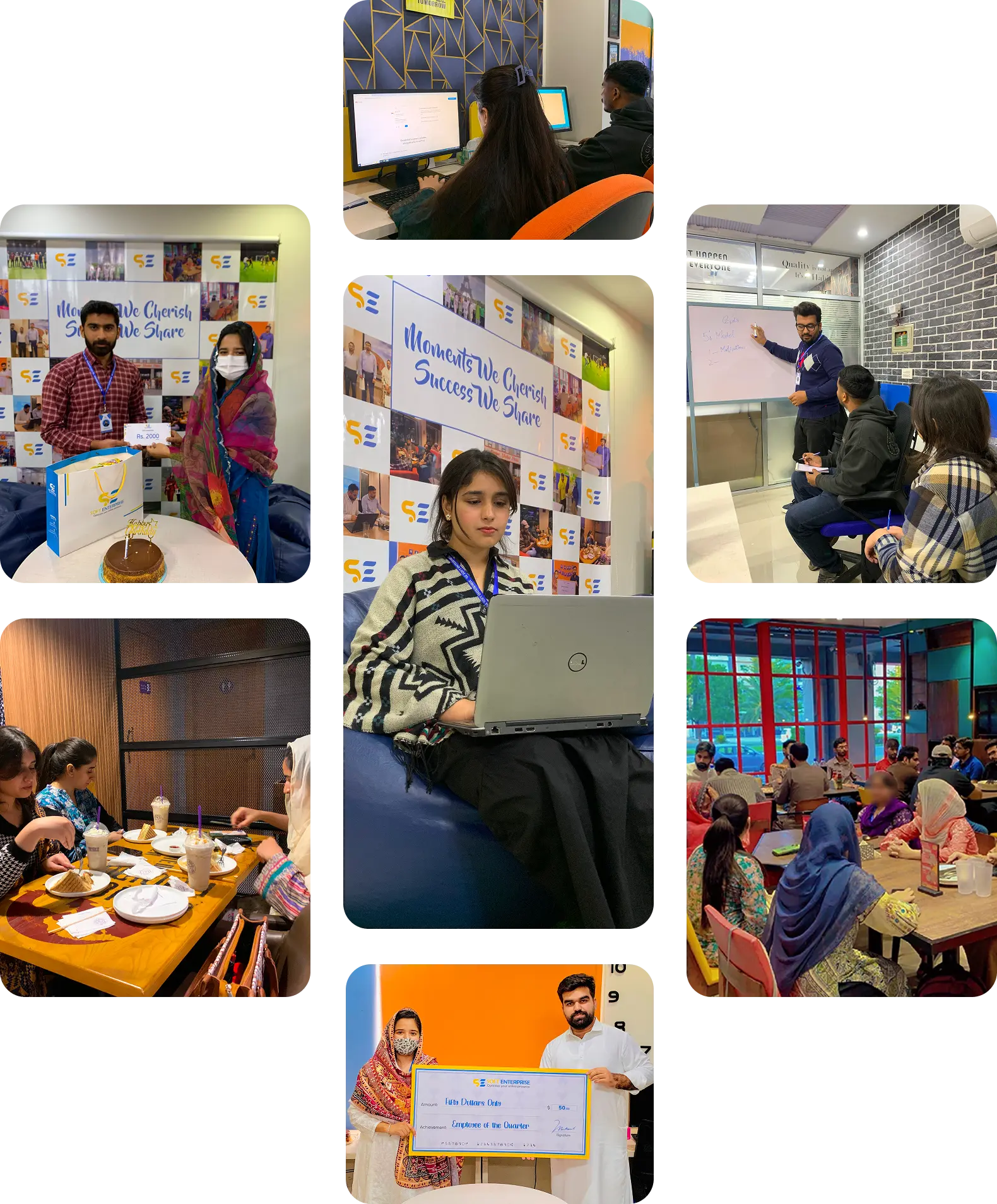 Various moments captured at Soft Enterprise, including team celebrations, office activities, and learning sessions.